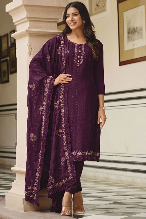 Wine Embroidered Pant Kameez Suit Celana Fashion, Gown Suit, Indian Salwar Kameez, Embroidered Pants, Pant Suit, Shalwar Kameez, Salwar Suit, Work Tops, Pant Style