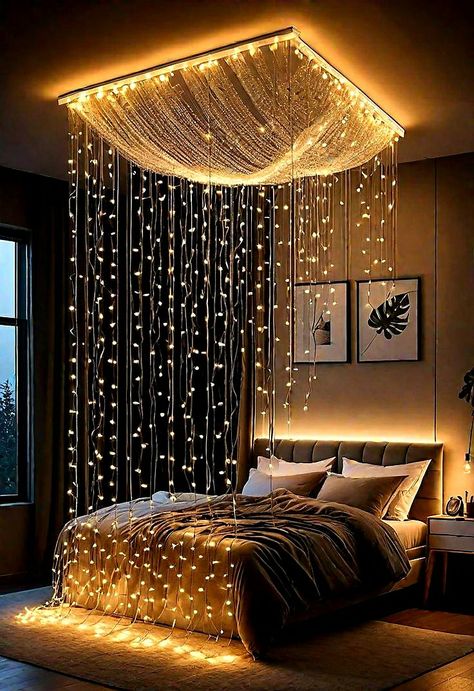 Adult Room Ideas, Fairy Lights Aesthetic, Fairy Lights For Bedroom, Led Lights Bedroom Aesthetic, Led Aesthetic, Space Lights, Cozy Bedroom Lighting, Bed Lighting, Under Bed Lighting