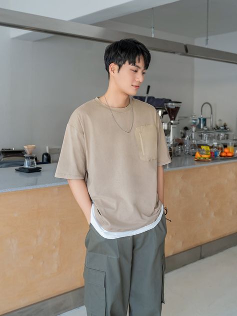 Khaki Casual  Short Sleeve Cotton Plain  Embellished Slight Stretch Summer Men Tops Shein Men Outfit Summer, Baggy Tshirt Outfit Men, Baggy Shirt Outfit Men, Baggy Shirt Outfit, Baggy Tshirt Outfit, Drop Shoulder Tshirt, Summer Wear For Boys, Baggy Shirts, Male Outfit