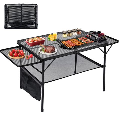 PRICES MAY VARY. 【Foldable Wing Panels】Our grill table comes with 2 expansion panels to increase the desktop area for home use. With removable mesh layers and side pockets, the foldable grill table can accommodate all the grilling essentials. 【2 Adjustable Height】By connecting the tube feet, the height of the camping table can be adjusted from 16.5'' to 26'', suitable for adults and children to sit or stand comfortably. 【Stable and Durable】The Hexagonal tube design and triangular supports enhanc Grill Table Outdoor, Outdoor Grill Table, Metal Picnic Tables, Table With Extension, Patio Furniture Conversation Sets, Grilling Essentials, Extension Board, Dining Table Height, Folding Camping Table