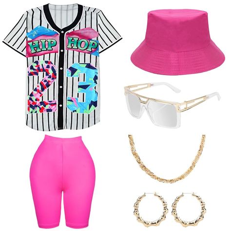 PRICES MAY VARY. 【80s 90s Neon Costumes & Accessories Set】：Includs 6 accessories, baseball jersey shirt x1, yoga pants x1, bucket hat x1, artificial gold rope chain x1, hip hop glasses x1, 1 pair of earrings. This complete outfit and accessory set is perfect for any 80s 90s-themed party, allowing you to stand out and express your hiphop style. 【Bright Colored Accessories】：Bright and colorful colors make you stand out at parties in the 80s 90s. Baseball jersey shirt, short sleeve yoga pants, and Women's 90s Outfits, 90s Baseball, Hiphop Style, Baseball Accessories, Hip Hop Costumes, Outfit For Women, Baseball Jersey Shirt, 90s Outfit, Hip Hop Outfits