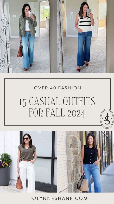 Jo-Lynne Shane is sharing 15 casual transitional outfits to try this fall. These looks can be adapted for the work place or dressed up for date night by swapping the jeans for pants and wearing a dressier shoe. Follow for more women's autumn outfit ideas, feminine style and styling tips for women over 40. Fall Looks For Women In 40s, Cute Transition To Fall Outfits, Fall Fashion Outfits For Work, Mid 70 Degree Weather Outfits, 2024 Fall Outfit Ideas, Book Signing Outfit Ideas, Jeans At Work Outfits, Casual Fall Outfits For Women Over 40, Jeans Day At Work