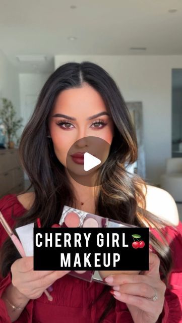 Dark Red Hair Makeup Ideas, Cherry Girl Makeup, Black Cherry Makeup, Dark Cherry Makeup, Cherry Red Makeup, Cherry Makeup Look, Cherry Print Dress, Brunette Makeup, Cherry Lips