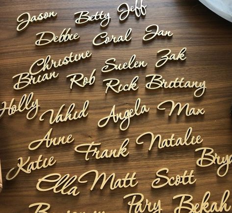 Wood Table Names Wedding, Name Place Setting Ideas, Wooden Name Tags Wedding, Wooden Names Wedding, Wood Name Tags Wedding, Wood Names Wedding, Wood Name Place Cards, Table Seating Names Place Settings, Lazer Cut Name Plate