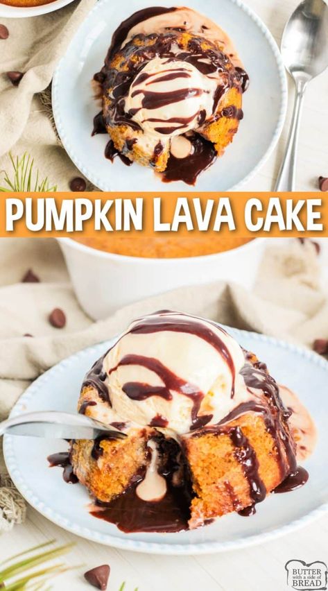 Pumpkin Lava Cake Recipe, Pumpkin Cake Filling, Lava Cake Recipe, Lava Cake Recipes, Molten Lava Cakes, Homemade Pumpkin Puree, Individual Cakes, Quick Easy Desserts, Chocolate Lava