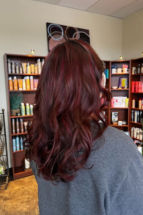 Cut & Color by Jen G #utopiasalon #utopiahair #beautybyutopia #bestsalonvanwa #salonvanwa #pnwhairstylist #haircolor #hairstyle #greathair #hairgoals #deepredhair #darkredhair #redhairinspiration #redhair #redhairdontcare #redhairlove #curlyred #curlyhair #curlyredhair #fallhaircolor #fallhair #fallhairtrends #fallhairstyles #cutandcolor #cutcolorcurl Mid Length Dark Red Hair, Wavy Dark Red Hair, Dark Natural Red Hair, Dark Red Wavy Hair, Red Roots Hair, Red Wavy Hair, Crimson Red Hair, Manifesting Life, Deep Red Hair