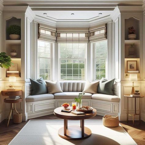 Bay Window Seat Living Room, Bay Window Living Room Layout, Window Seat Living Room, Bay Window Seating Kitchen, Bay Window Decorating Ideas, Window Decorating Ideas, Bay Window Decor, Bay Window Benches, Window Seat Ideas