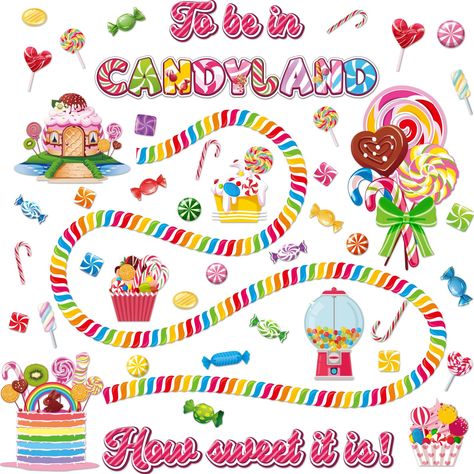 PRICES MAY VARY. What you will get: You will get 64pcs Candyland cards to decorate. It includes 34pcs different kinds of small candy cards,13pcs candy tracks, and 17pcs large candy decoration cards. It also includes 60 adhesive points. Rich patterns and abundant quantities are enough to satisfy your decorative needs. Super high quality:Our candy theme cutouts are made of quality material.This type of material can withstand long-term use and frequent flipping,is not easily damaged or worn out. Di Candy Land Bulletin Board, Ice Cream Bulletin Board, Candy Bulletin Boards, Candyland Classroom, Middle School Decor, Candyland Theme, Birthday Bulletin Boards, Christmas Bulletin Board, Candy Land Birthday Party