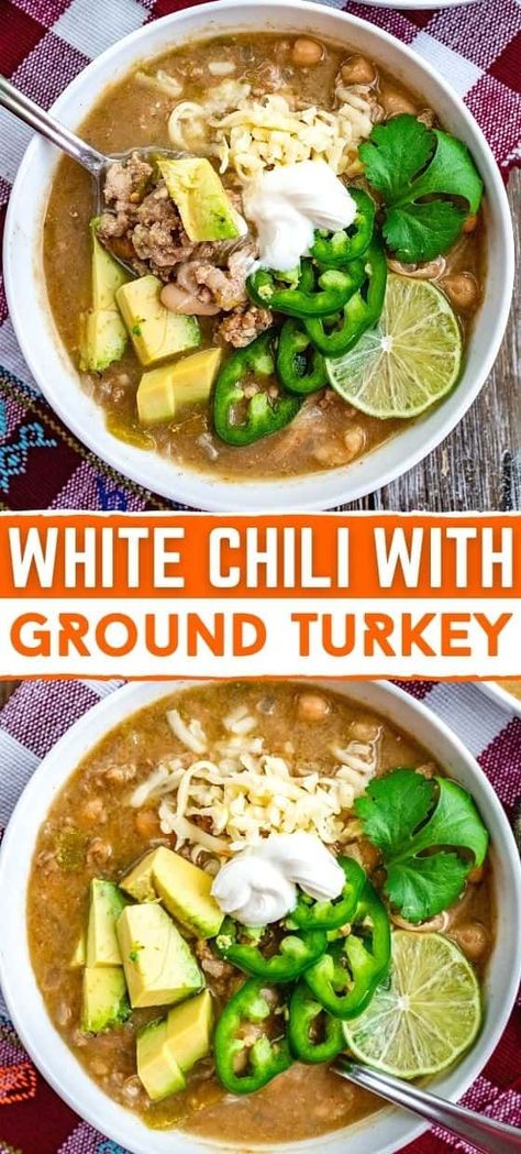 HEALTHY WHITE CHILI RECIPE | White chili recipe, White turkey chili recipe, Turkey soup recipe White Chilli Ground Turkey, White Turkey Chilli Recipes, Healthy White Turkey Chili, White Chili Turkey Recipe, Ground Beef White Chili, White Turkey Chili Recipe Crock Pot, White Chili With Ground Turkey, White Turkey Chilli, White Beef Chili