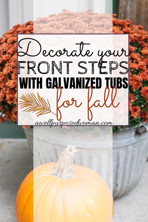 Do you have some galvanzied tubs and want to use them for your fall decor? What about putting them out on our front steps with some beautiful fall flowers. This year I was motivated to make my front steps be very warm and welcoming to friends and strangers alike. I used these galvanzied metal tubs, mums and some pumpkins. Check out how I used them on the post below. Galvanized Tub Fall Decor Ideas, Galvanized Tub Fall Decor, Galvanized Tub Ideas For Fall, Galvanized Tub Ideas, Fall Displays Outdoor, Galvanized Wash Tub, Fall Yard Decor, Old Bathtub, Galvanized Tub