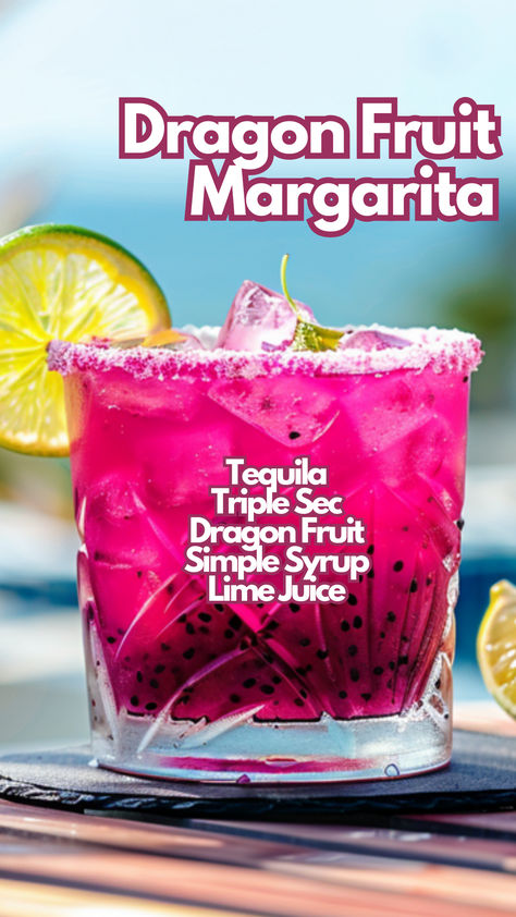 Dragon Fruit Margarita Mix Drinks Alcoholic Tequila, Dragon Fruit Margarita, Drink Board Ideas, Dragon Fruit Margarita Recipe, Dragonfruit Margarita, Dragonfruit Cocktail, Dragon Fruit Cocktail, Tequila Cocktails Recipes, Sangria Margarita