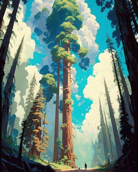 Redwood Forest Painting, Forest Mystery, Giant Illustration, Fantasy Forest Art, Mountain Giant, Reaching To The Sky, Landscape Drawing Tutorial, Woods Painting, Forest Drawing