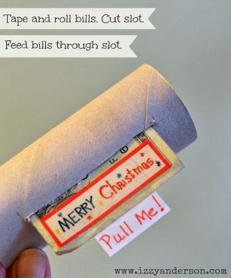 Fun way to give money!  Tape dollar bills together, roll them up inside a toilet paper roll with a pull tab on the end. Wrap toilet roll with the pull tab showing. Tutorial on blog. Hide Money, Creative Money Gifts, Ge Bort, Christmas Money, Dollar Bills, Money Origami, Cash Gift, Toilet Paper Roll, Toilet Roll