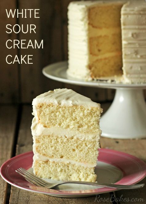 White Sour Cream Cake aka White Almond Sour Cream Cake - except you can make it with or without almond and the measurements are a little different. Sour Cream Cake Recipe, Veggie Cake, Radish Cake, Dense Cake, Sour Cream Chocolate Cake, Indian Vegan, Cream Cake Recipe, Cake Donut, White Cake Recipe