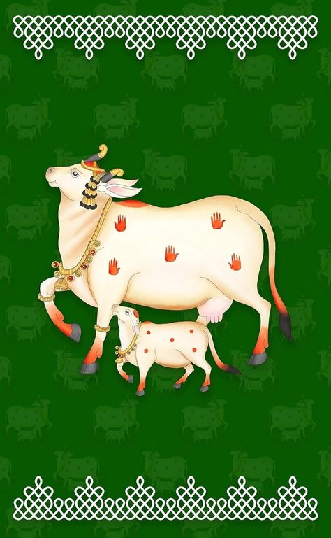 Pichwai Paintings Cow And Calf, Pichwai Wall Art, Pichwai Wallpaper, Pichwai Cow, Om Symbol Art, Pichwai Painting, Lotus Flower Art, Print Design Art, Pichwai Paintings