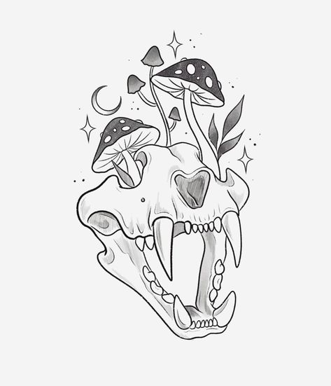 Cat Skull Mushroom Tattoo, Simple Animal Skull Drawing, Cottage Core Flash Tattoo, Reindeer Skull Tattoo, Mushroom Moon Drawing, Witch Vibe Tattoo, Halloween Mushroom Tattoo, Small Pretty Tattoos Simple, Mushroom Flash Art