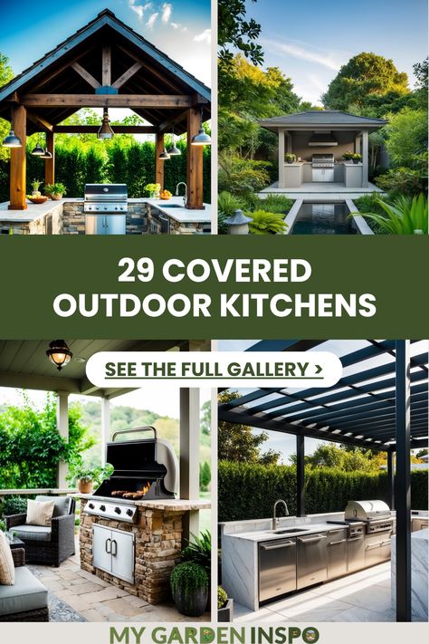 Explore 4 unique images showcasing stunning covered outdoor kitchen ideas, including a rustic wooden roof environment, serene Zen gardens, cozy barbecue settings, and sleek modern designs that are perfect for outdoor entertaining. Outdoor Living Space With Kitchen, Kitchen To Outdoor Area, Outdoor Kitchen And Living Room, Florida Outdoor Kitchen Ideas, Pergola With Outdoor Kitchen, Outdore Kitchen, Pergola With Kitchen, Outdoor Pergola Kitchen, Covered Bbq Area Ideas Outdoor