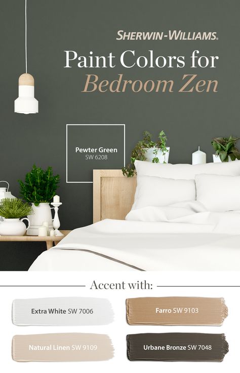 Want to create a zen-like bedroom? Start with paint colors that are rooted in nature, like Urbane Bronze SW 7048, the Sherwin-Williams 2020 Color of the Year. TIP: Accessorize with a variety of greenery and succulents to dial up that "secret garden" vibe! Tap this pin for color inspiration. #SWColoroftheYear #garden #sanctuary #colorinspiration #diy #nature #paint #bedroom #homedecor #green #neutrals Colors For Bedrooms, Bedroom Zen, Urbane Bronze, Bedroom Paint Colors Master, Garden Sanctuary, Paint Bedroom, Zen Bedroom, Sherwin Williams Paint Colors, Bedroom Paint Colors