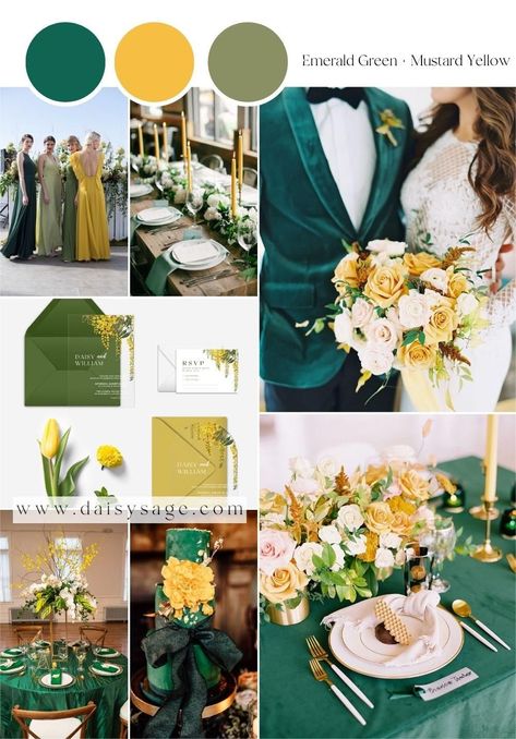 Emerald Green and Mustard Yellow Wedding Color Palette Green And Yellow Wedding Theme, Green Wedding Color Schemes, Wedding Color Schemes Green, Jewel Tone Wedding Colors, Mustard Yellow Wedding, Yellow Wedding Decorations, Hunter Green Wedding, Mustard Wedding, Yellow Wedding Colors