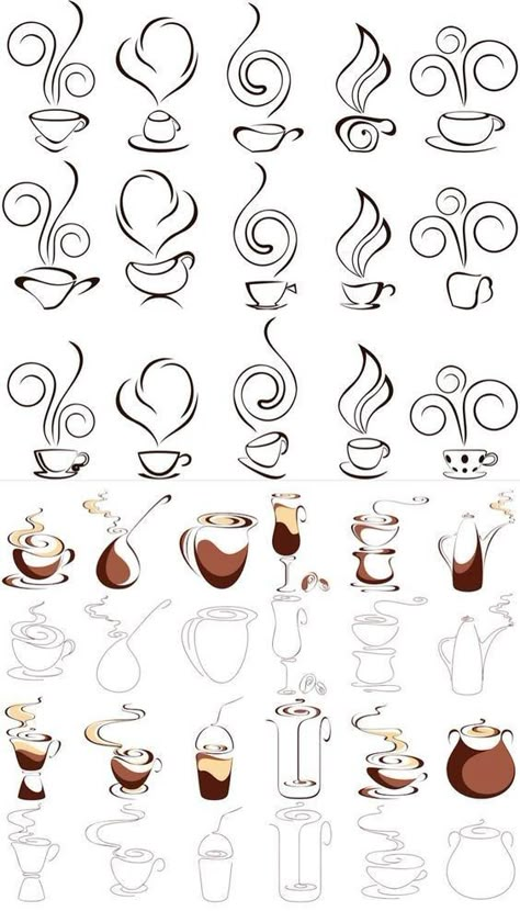 Coffee Bar Ideas Drawing, Coffee Steam Drawing, Coffee Cup Design Drawing, Cute Coffee Doodles, Coffee Doodle Art, Steam Illustration, Coffee Vector Art, Coffee Doodles, Coffee Cup Graphic