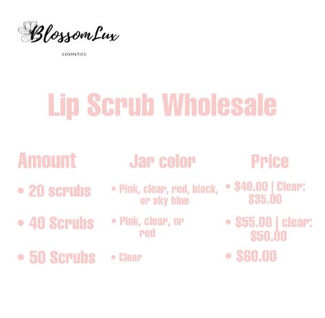 Looking for a lipscrub wholesaler? We’ve gotcha! ✨ 3 different amount options, jar colors, & flavors to choose from all for a reasonable price! 🤑 Visit our wholesale tab on our website for our flavor list! Have any questions or want to make a request different than what we offer? Dm us @blossomluxco on ig! 🥺 #lipgloss #lipscrub #wholesale #smallbusiness #smallbusinessowner #smallbusinesstips #latinabrand #makeup #diy #crueltyfree #vegan #lipglossbusiness #lips #explore #foryoupage #fyp Lip Gloss Price List, Lip Scrub, Small Business Tips, Price List, Small Business Owner, Lip Gloss, Lips, Makeup, Quick Saves