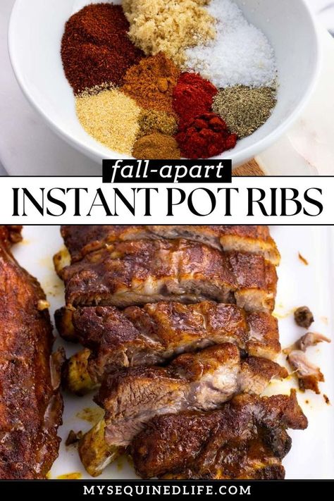 Saucy, fall-apart ribs on a cutting board and a bowl of dried seasonings. Instapot Ribs, Ribs Instant Pot, Instant Pot Ribs Recipe, Instant Pot Ribs, Beef Back Ribs, Baby Back Pork Ribs, Pork Spare Ribs, Pork Rib Recipes, Back Ribs