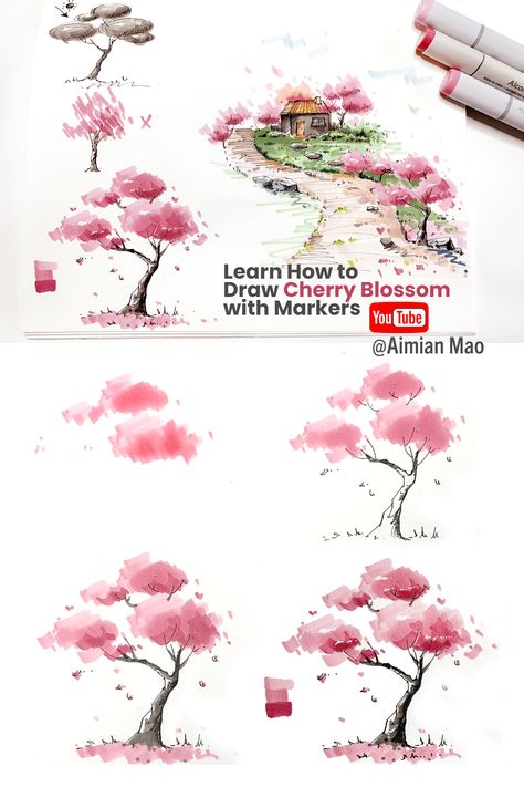 Cherry Blossom Drawing with Markers Tutorial Cherry Blossom Marker Drawing, How To Draw Trees With Markers, Arts With Markers, Nature Alcohol Markers, Cherry Blossom Sketch Drawings, Paint Marker Tutorial, Tree Drawing Marker, Tree Drawing With Markers, Drawing Inspo Alcohol Markers