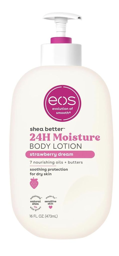 STRAWBERRY DREAM: Features notes of sparkling strawberry, pink sugar & vanilla cream. 24-HOUR MOISTURE FOR YOUR BODY: Soothe and protect your skin with our lightweight and non-greasy lotion. No sticky residue or heaviness, just all-day hydration and smooth skin. Strawberry Cream Eos, Eos Strawberry Dream, Eos Lotion, Realistic Wishlist, Vanilla Body Wash, Black Hair Video, Floral Scents, Xmas Wishlist, Wishlist 2024