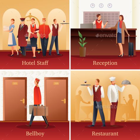 Hotel staff 4 flat gradient icons concept with with reception front desk clerk and bellboy isolated vector illustration Front Office Hotel, Drawing Stationary, Hotel Illustration, Writer Ideas, Gradient Icons, Manila Folder, Hotel School, Hotel Corridor, Job Inspiration