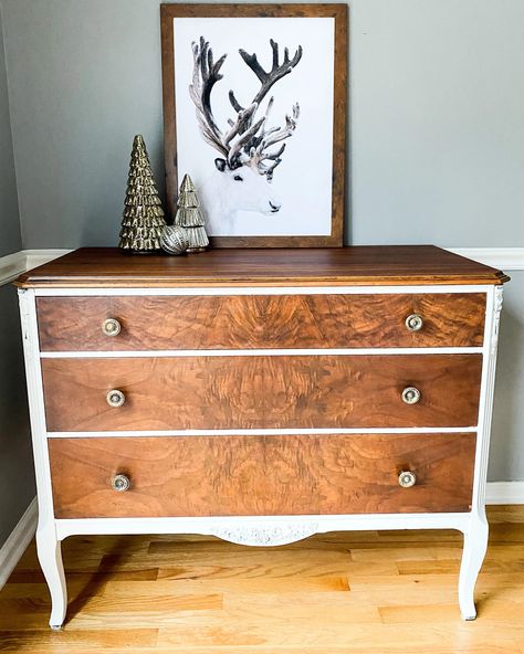 The First Piece Of 2022 dresser makeover - stain and paint combo Stained And Painted Dresser, Stain And Paint Combo Furniture, Stain And Paint Combo, Antique Dresser Makeover, Furniture Remodel, Furniture Remodeling, Furniture Fix, Furniture Flip, Vintage Industrial Furniture