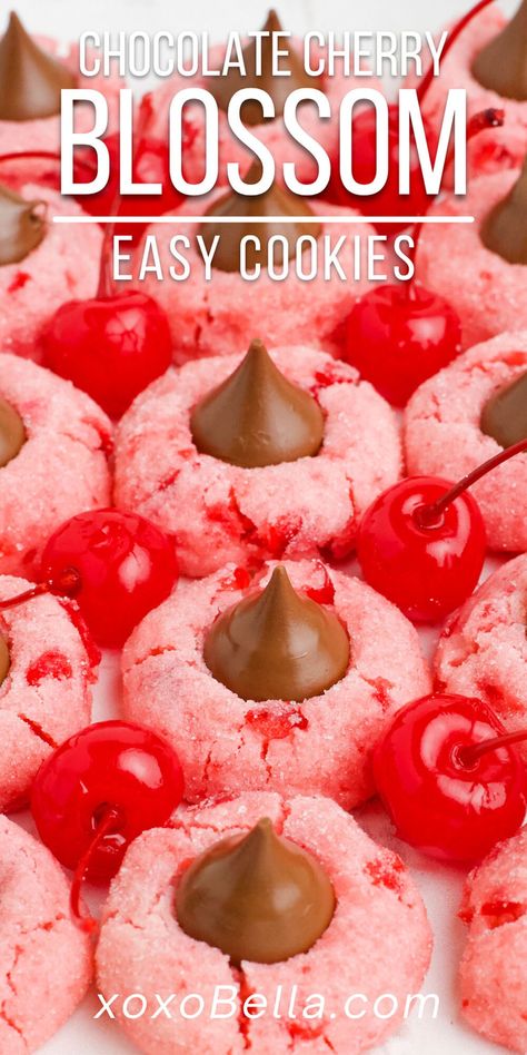 Cherry Kiss Cookies Taste Of Home, Cherry Chocolate Kiss Cookies, Cherry Blossoms Cookies, Shortbread Blossom Cookies, Chocolate Cherry Blossoms, Cherry Cookies With Hershey Kiss, Chocolate Cherry Blossom Cookies, Blossom Cookie Recipes, Valentine’s Food