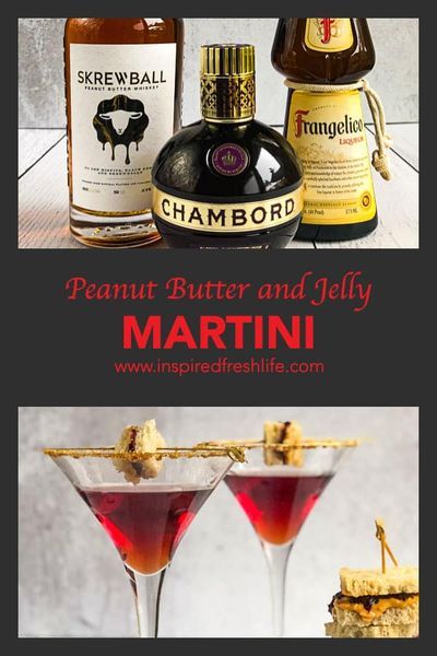 This Peanut Butter and Jelly Martini definitely conjures memories of the childhood classic. It's a little sweet, with a kick for balance from the whiskey. One taste and you'll be hooked. #martini #cocktails #happyhour #inspiredfreshlife Peanut Butter And Jelly Martini, Screwball Martini, Peanut Butter And Jelly Cocktail, Skrewball Peanut Butter Whiskey Recipes, Peanut Butter Martini, Peanut Butter Whiskey Cocktails, Whiskey Martini, Dessert Martini, Whiskey Drinks Recipes