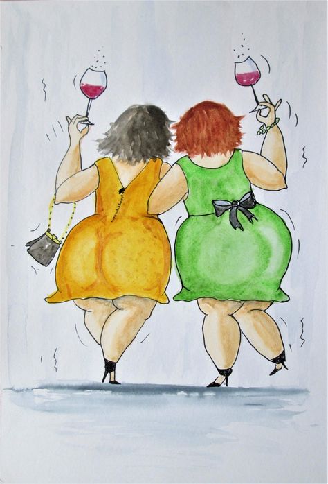 Wine Paintings, Friendship Paintings, Friends Painting, Girls Painting, Painted Cards, Paintings Easy, Plus Size Art, Friend Painting, Cheeky Girls