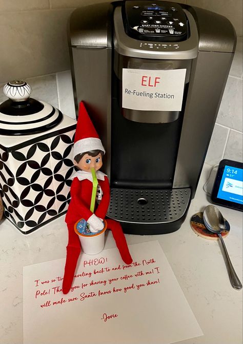 Elf Coffee Ideas, Elf On The Shelf Coffee, Downstairs Ideas, Awesome Elf On The Shelf Ideas, Xmas Elf, Elf Ideas, Christmas Inspo, How To Make Coffee, Coffee Pods