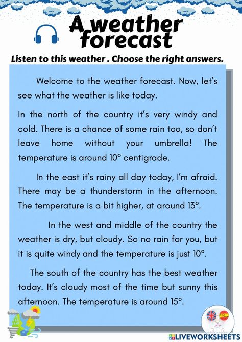 Weather Reading Comprehension Worksheets, Weather Reading Comprehension, Worksheet For 1st Grade, Reading Comprehension Test, Weather Worksheets, Reading Comprehension For Kids, Esl Reading, Reported Speech, Simple Present Tense