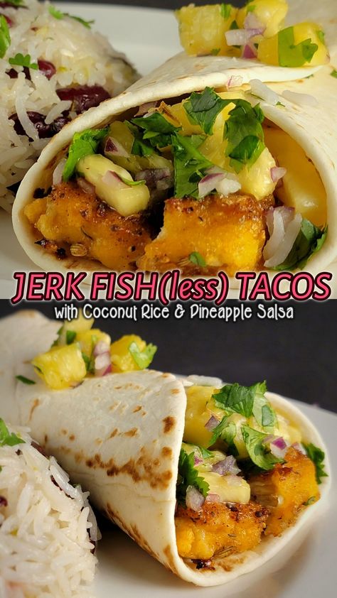 Fishless Taco recipe #4 featuring Gardein Fishless filets. In this version I spiced the filets with Jamaican Jerk seasoning then topped with Pineapple Salsa and served them with Coconut & Red Bean Rice. Eat them up yum! Jamaican Tacos, Filet Recipes, Jamaican Jerk Seasoning, Jerk Seasoning, Pineapple Salsa, Vegan Tacos, Coconut Rice, Canned Coconut Milk, Red Beans