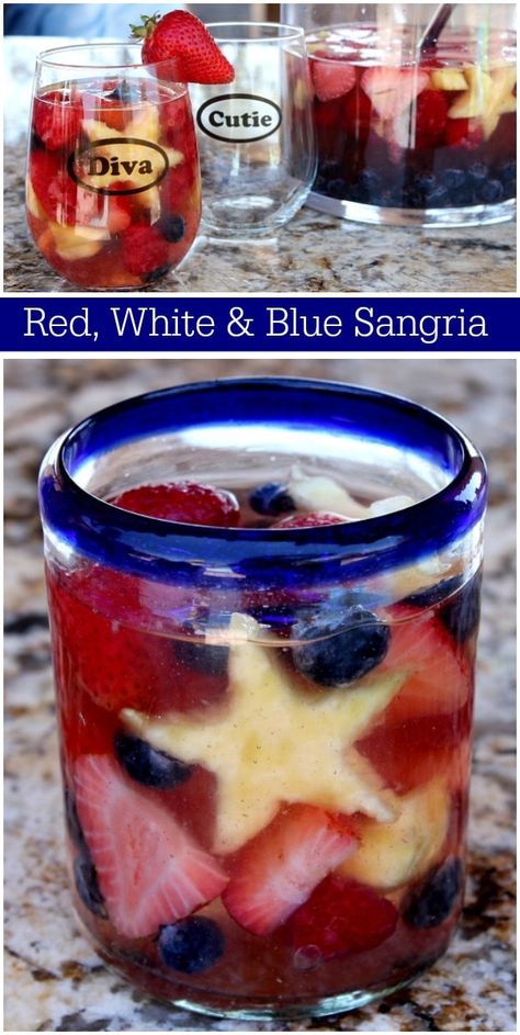 Red, White and Blue Sangria recipe from RecipeGirl #red #white #and #blue #redwhiteandblue #summer #4thofjuly #fourthofjuly #sangria #cocktail #patriotic #recipe #recipegirl Red White Blue Drinks Alcohol, Patriotic Punch Alcohol, Red White Blue Cocktails, Red White And Blue Drinks, Red White And Blue Cocktails, Red White And Blue Sangria, Red White Blue Food, Fruit Video, Blue Sangria