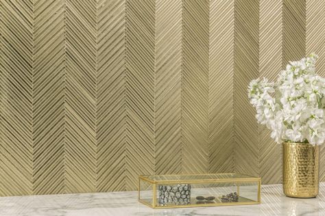 AKDO Gold Tiles Bathroom, Chevron Tiles, Metallic Tile, Akdo Tile, Beautiful Mosaics, Gold Tiles, White Glass Tile, Tile Walls, Luxurious Wallpaper