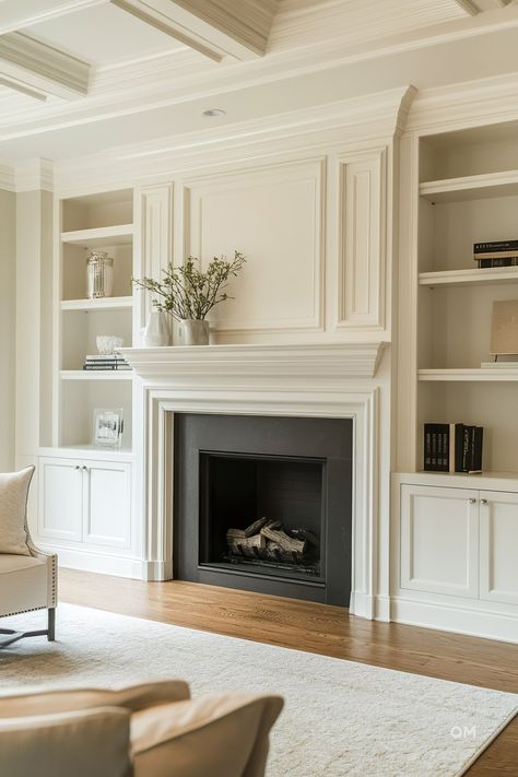 Modern Bookcases In Living Room, French Contemporary Fireplace, Living Room Fireplace Shelving, French House Interior Design, Billy Bookcase Fireplace Built In, Fireplace Built In Bookshelves, Bedroom Fireplace With Built Ins, Nancy Meyers Fireplace, White Tile Fireplace Surround