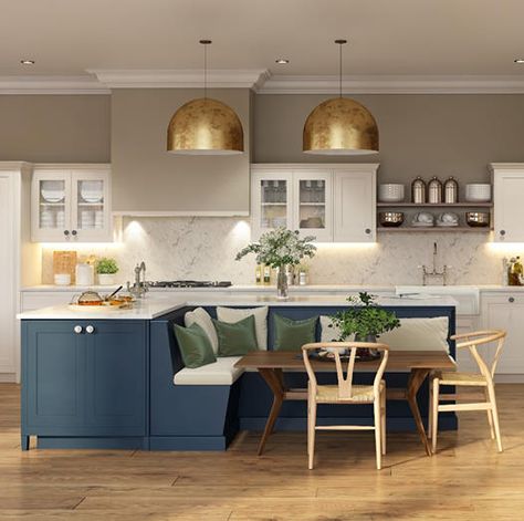 Kitchen Dining Room Combo Layout, Kitchen Island With Bench Seating, Smallbone Kitchens, Booth Seating In Kitchen, Banquette Seating In Kitchen, Kitchen Island Dining Table, Kitchen Layout Plans, Open Plan Kitchen Living Room, Kitchen Island Table