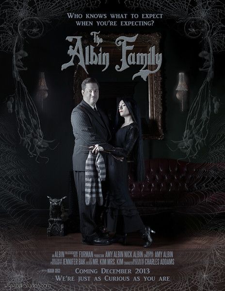 Albin Family 'We're Expecting' Announcement Poster Adams Family Baby, Addams Family Baby, Family Baby Shower Ideas, Baby Gender Reveal Ideas, Family Baby Announcement, Second Baby Announcements, Addams Family Movie, Halloween Gender Reveal, Halloween Pregnancy Announcement