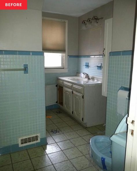 Dated blue tiled bathroom before renovations Old Blue Tile Bathroom, Vintage Blue Tile Bathroom, Blue Tiled Bathroom, Turquoise Bathroom Tiles, Light Blue Tile, Light Blue Bathroom, Vintage Inspired Bathroom, Turquoise Bathroom, Blue Tile Wall