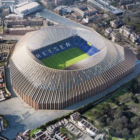 Herzog & de Meuron's Chelsea FC's Stamford Bridge stadium update is defeated after the planning permission expired. Chelsea Stadium, Chelsea Fc Stamford Bridge, Geometric Pool, Chelsea Players, Fc Chelsea, London Architecture, European Soccer, Football Stadium, Steven Gerrard