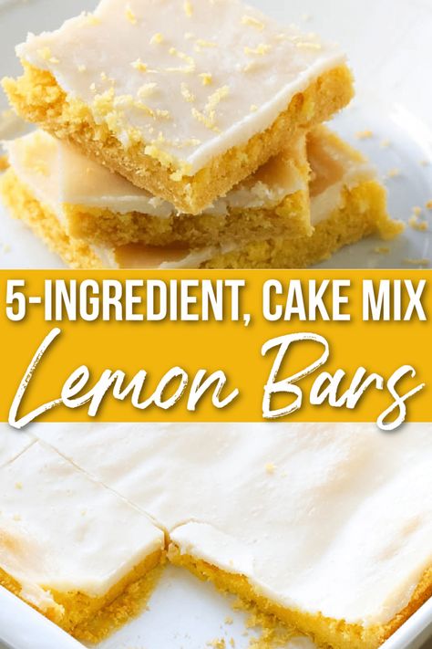 Easy, 5-Ingredient Lemon Bars made with a lemony box cake mix and sweetened condensed milk, this cake mix dessert is always a favorite! Lemon Cake Bars Recipe, Cake Mix Lemon Brownies, Lemon Cake Box Mix Ideas, Easy Lemon Bars With Cake Mix Simple, Lemon Bars From Cake Mix Easy, Lemon Box Cake Hacks, Lemon Brownies With Cake Mix Boxes, Lemon Cake Box Recipes, Lemon Bars With Cake Mix Boxes