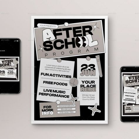 Monochrome Flat Design After School Program Flyer Set School Club Flyers, School Club Flyer Design, School Graphic Design Poster, Flyer Design School, Creative Poster Design Ideas For School, Program Design Layout, School Club Poster, Poster Design For School, Class Flyer Design