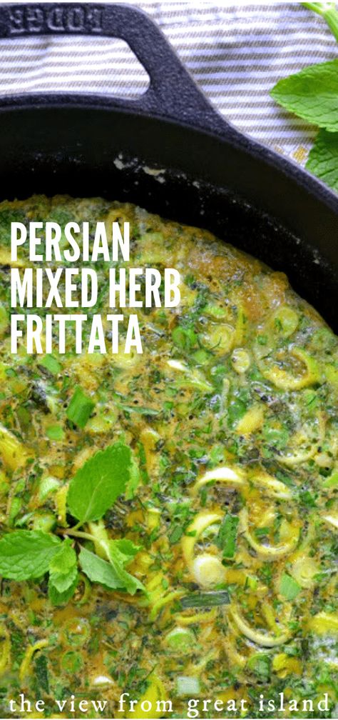 Persian Mixed Herb Frittata (Kuku Sabzi) is a traditional Middle Eastern egg dish that is literally loaded with fresh herbs! #breakfast #omelette, #frittata #fritatta #eggs #breakfast #herbs #brunch #healthy #authentic #middleeastern #easy #herbs #vegetarian #glutenfree Fritata Recipe, Kuku Sabzi, Eastern Eggs, Middle Eastern Salads, Mediterranean Breakfast, Breakfast Omelette, Eggs Breakfast, Persian Cuisine, Healthy Eggs