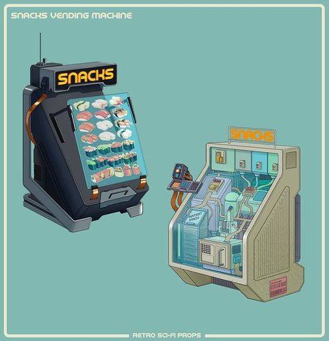 Vending Machine Design, Sci Fi Props, Retro Sci Fi, Props Concept, Vending Machines, Walled City, Pretty Landscapes, Devices Design, Science Fiction Art