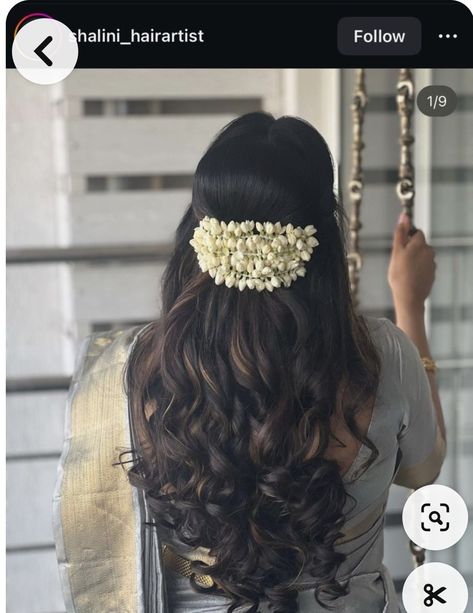 Indian Half Updo, Half Up Half Down Hair With Gajra, South Indian Bride Sister Hairstyle, Long Indian Hairstyles, Simple Hairstyles With Flowers, Hairstyles For Saree With Flowers, Hairstyle On Traditional Saree, South Indian Open Hairstyles, Long Hair Styles Traditional