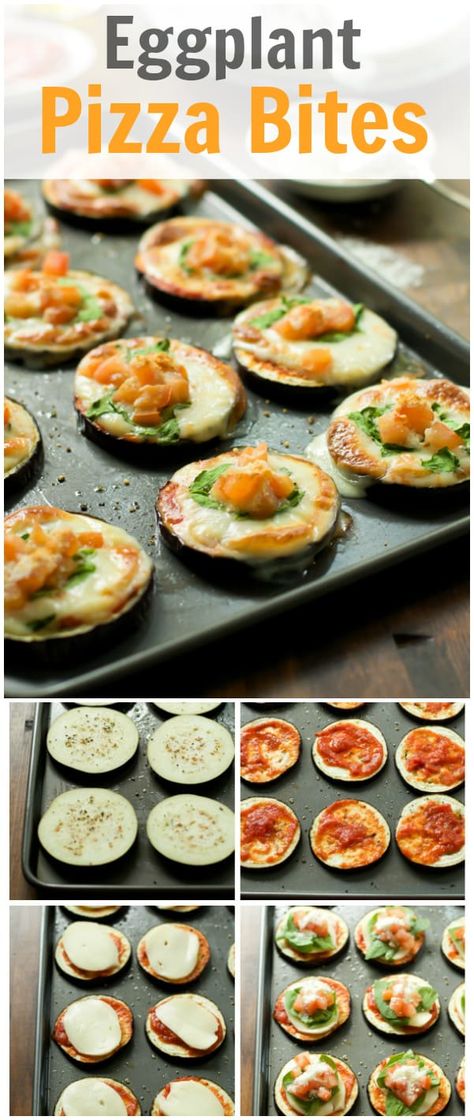 eggplant pizza bites Eggplant Pizza, Healthy Eggplant, Food Sides, Paleo Vegetarian, Eggplant Pizzas, Sommer Mad, Cheese Mozzarella, Vegan Substitutes, Egg Plant