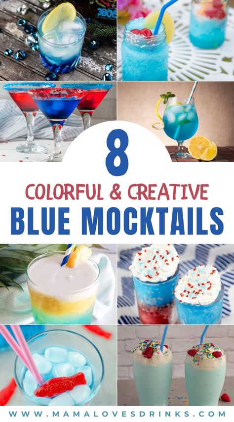 Mocktails Blue Curacao, Non Alcoholic Signature Drinks, Blue Raspberry Mocktail Non Alcoholic, Memorial Day Mock Tail, Beach Punch Non Alcoholic, Non Alcoholic Blue Drinks, Beach Drinks Nonalcoholic, Blue Mocktails Non Alcoholic Recipes, Blue Drinks For Baby Shower Recipes